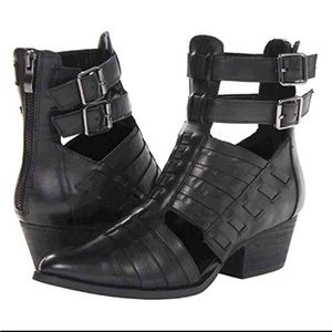 Black leather strap ankle boots